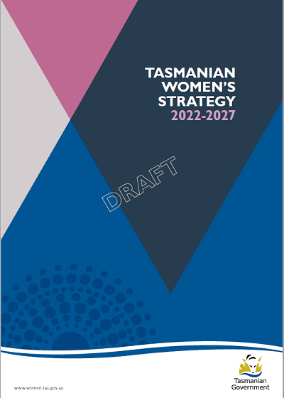 cover of Draft Tasmanian Women's Strategy 2022-27 is in block colours such as navy blue and pink